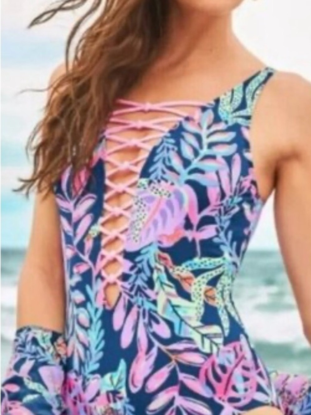 GUC Sz. 10 Women's Floral Lace-Up One-Piece Swimsuit - Navy & Pink